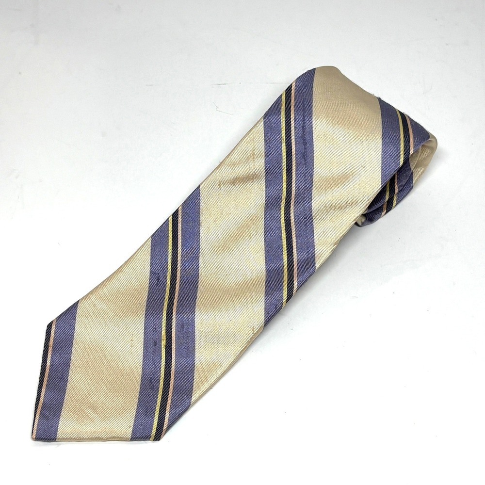 Vtg Walkers Silk Necktie Mens One Size Gold Lavender Striped Formal Wedding
